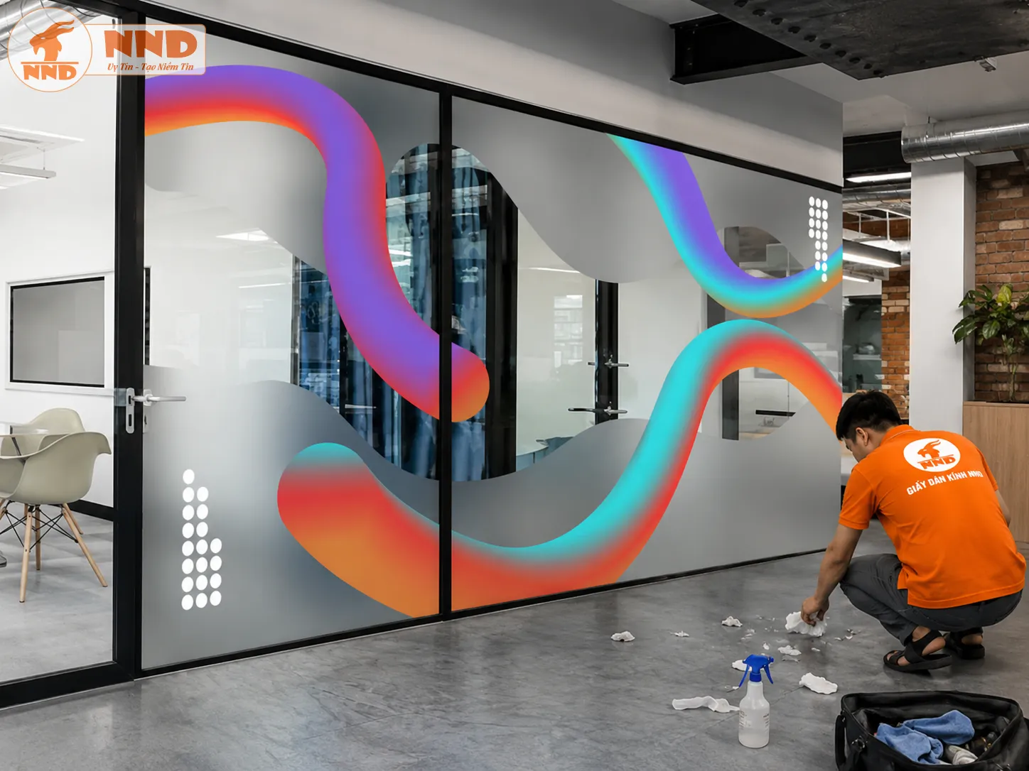 Mẫu decal mờ in họa tiết kết nối mạng lưới phù hợp các doanh nghiệp công nghệ. Thiết kế tạo điểm nhấn hiện đại, đồng thời đảm bảo sự riêng tư cho phòng họp.