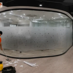 Mẫu decal mờ in sóng trắng tinh tế trên nền mờ mang phong cách tối giản. Thiết kế giúp vách kính trở nên mềm mại, sang trọng và không làm giảm ánh sáng tự nhiên.