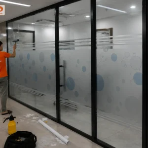 Decal mờ in hình học đa giác phối màu pastel mang đến phong cách trẻ trung và chuyên nghiệp. Thiết kế giúp phân chia không gian nhưng vẫn giữ sự thông thoáng cho văn phòng.
