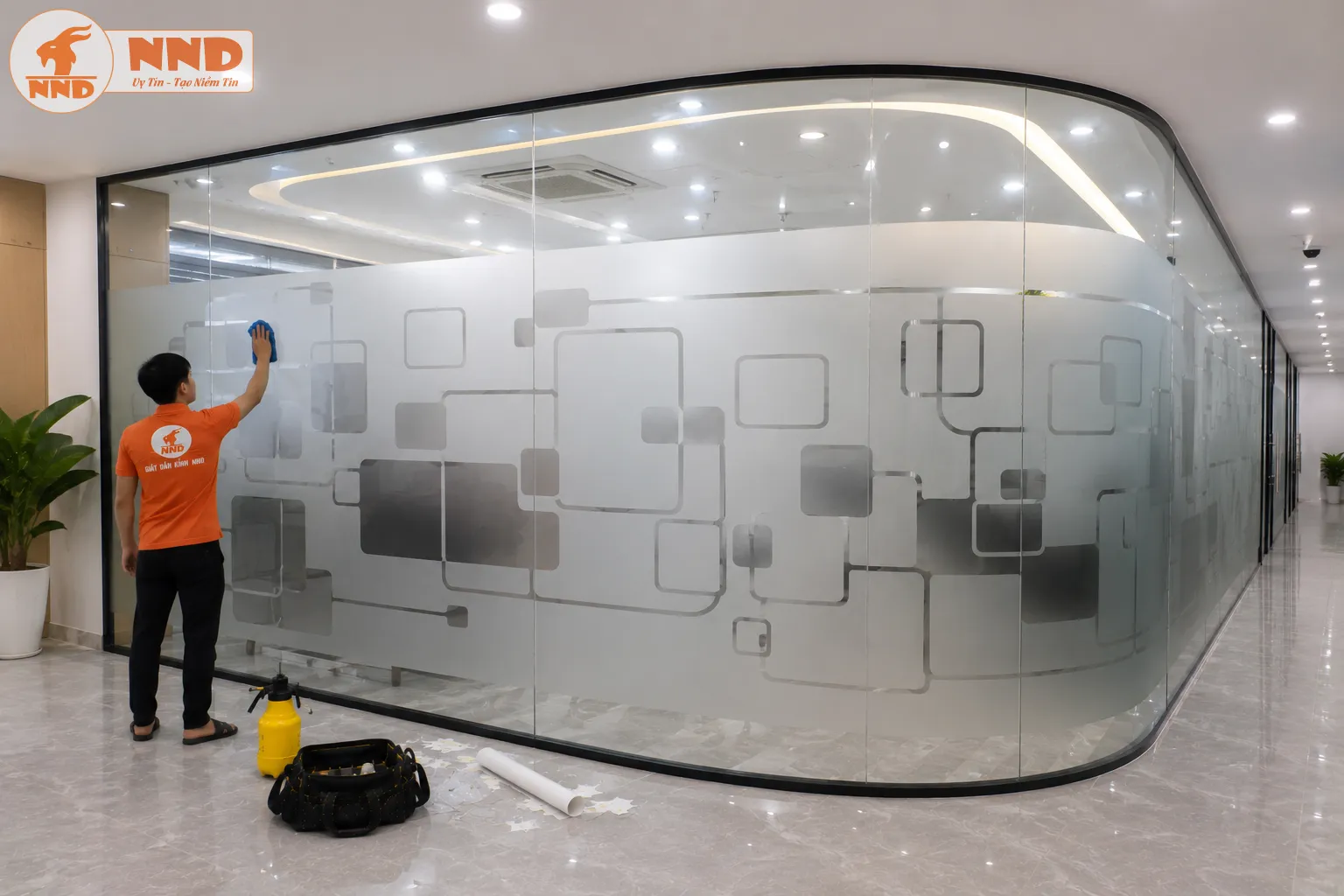 Decal mờ in họa tiết hình học bo góc kết hợp trên vách kính cong tạo nên điểm nhấn kiến trúc độc đáo. Không gian văn phòng trở nên mềm mại, hiện đại và chuyên nghiệp hơn.