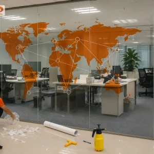 Mẫu decal trong in bản đồ kết nối toàn cầu mang ý nghĩa phát triển và hội nhập. Đây là giải pháp trang trí kính vừa đẹp mắt, vừa nâng tầm hình ảnh doanh nghiệp.