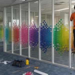 Decal trong in họa tiết pixel đa sắc mang đến vẻ trẻ trung, sáng tạo cho văn phòng. Màu sắc nổi bật nhưng vẫn giữ được sự thông thoáng và ánh sáng xuyên qua kính.