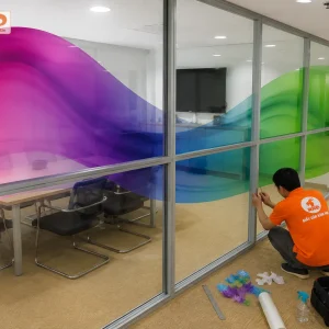 Decal trong in chuyển sắc mềm mại tạo điểm nhấn nghệ thuật cho vách kính phòng họp. Màu sắc hài hòa giúp không gian làm việc nổi bật nhưng vẫn sang trọng, hiện đại.