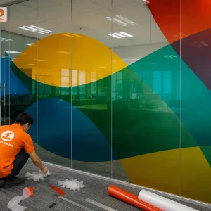 Decal trong in mảng màu hình học lớn tạo điểm nhấn mạnh mẽ cho phòng làm việc. Thiết kế phù hợp với các văn phòng yêu thích phong cách tối giản nhưng ấn tượng.