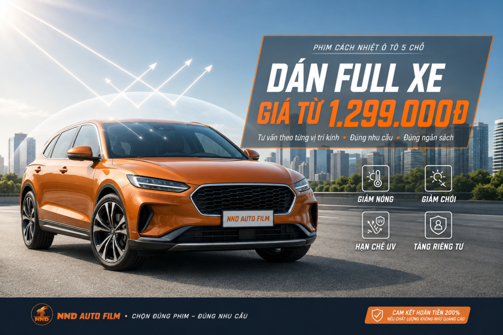 Phim cách nhiệt ô tô xe 5 chỗ NND với giá dán full xe từ 1.299.000đ, hỗ trợ giảm nóng, giảm chói và tăng riêng tư
