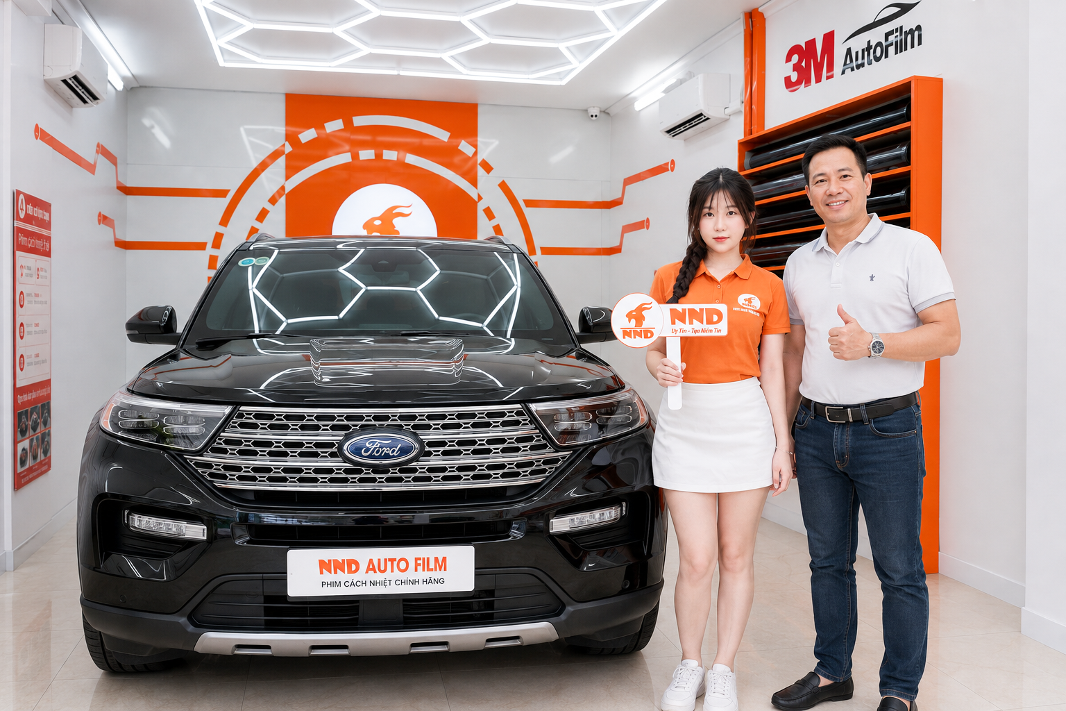 Khách hàng nhận bàn giao xe Ford Explorer sau khi dán phim cách nhiệt ô tô Gói Cao Cấp tại NND