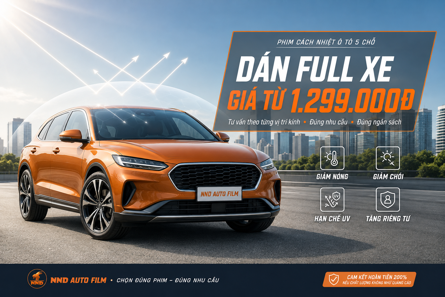 Phim cách nhiệt ô tô xe 5 chỗ NND với giá dán full xe từ 1.299.000đ, hỗ trợ giảm nóng, giảm chói và tăng riêng tư
