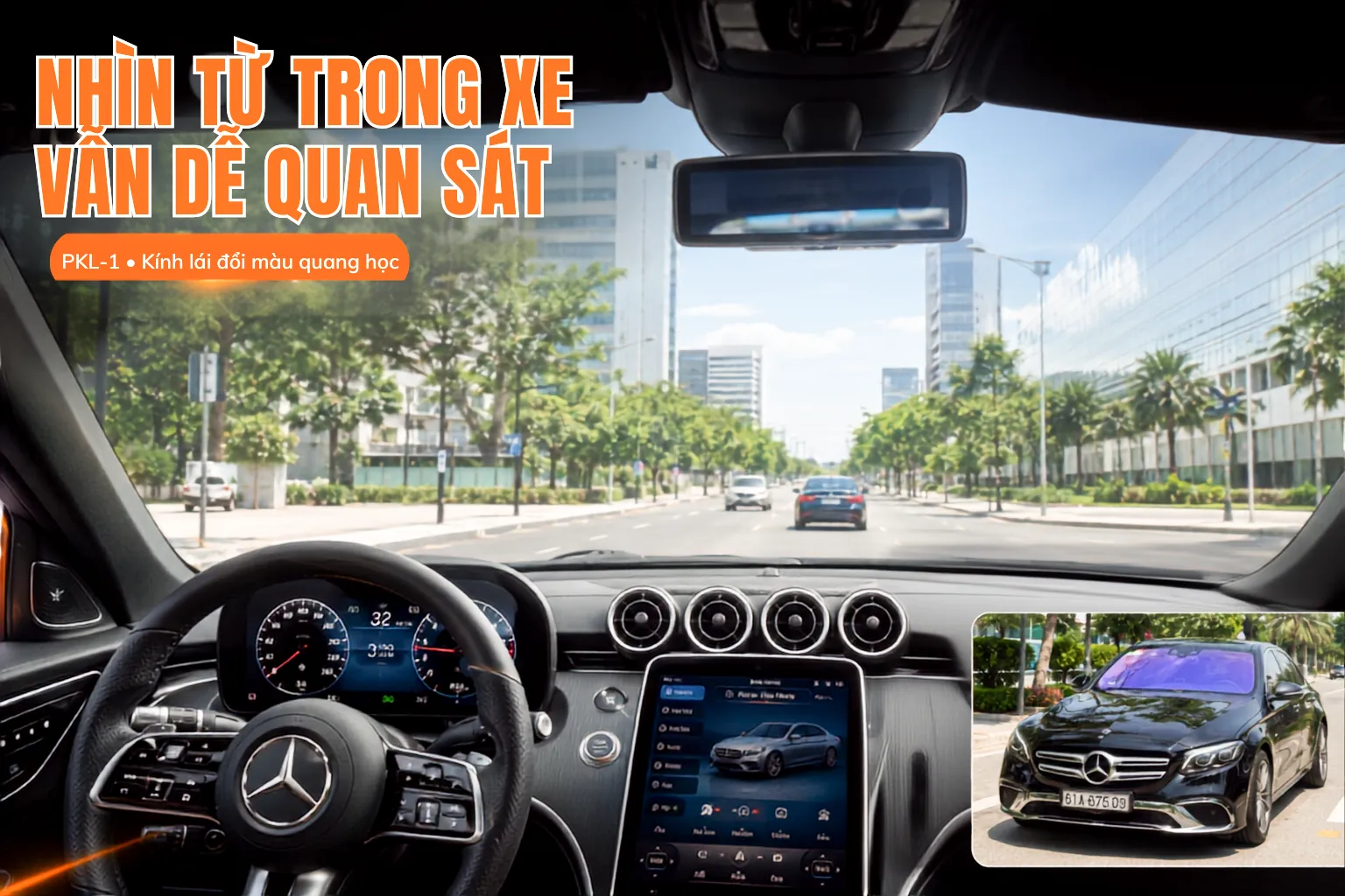 Minh họa tầm nhìn từ bên trong cabin khi dán phim PKL-1 cho kính lái trong gói kết hợp
