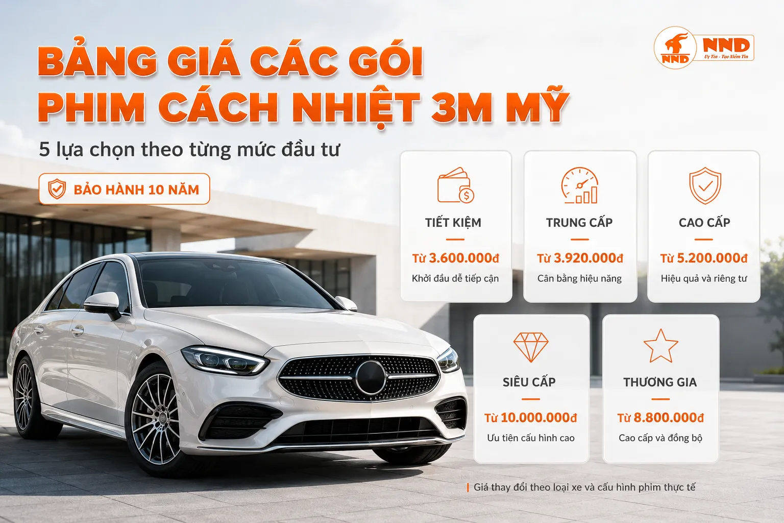 Banner bảng giá năm gói phim cách nhiệt 3M Mỹ với mức giá tham khảo và bảo hành 10 năm.