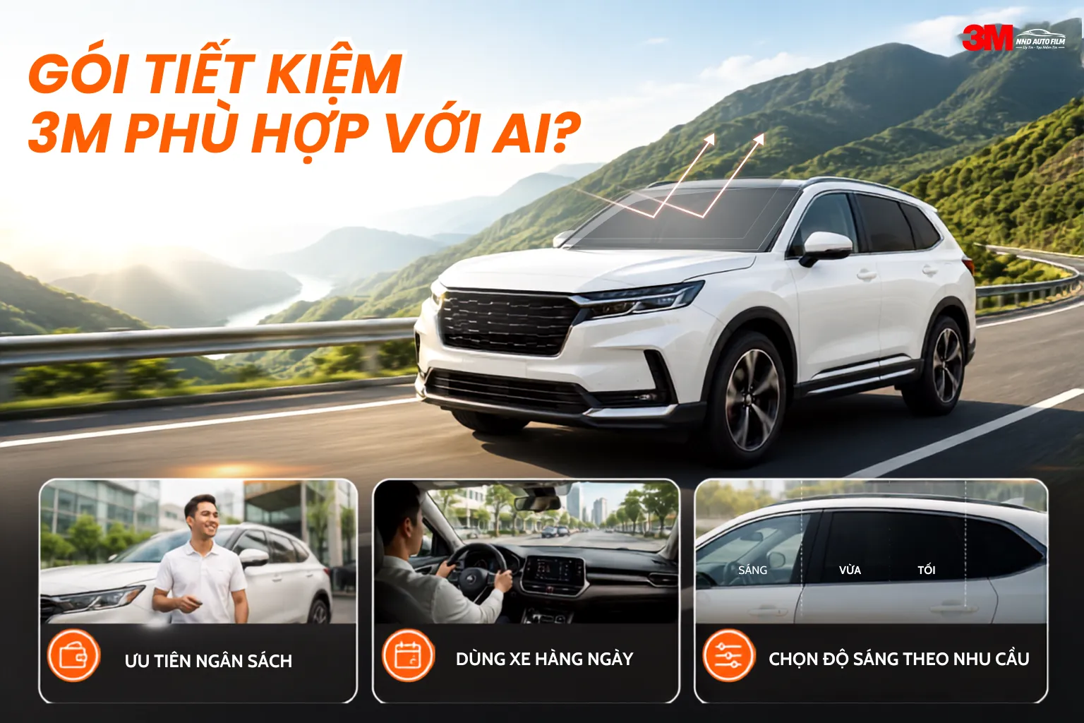 Gói tiết kiệm phim cách nhiệt 3M phù hợp người dùng ưu tiên ngân sách, sử dụng xe hằng ngày và chọn độ sáng theo nhu cầu