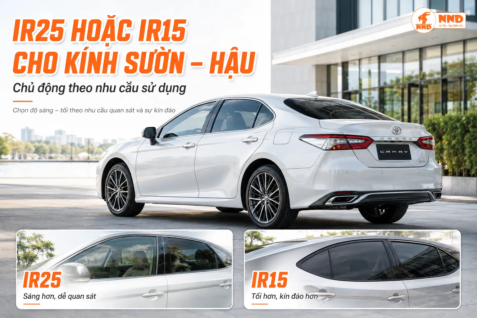 IR25 hoặc IR15 cho kính sườn hậu tùy nhu cầu quan sát và độ kín đáo