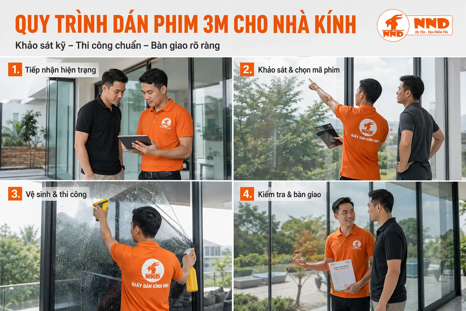 Quy trình dán phim 3M cho nhà kính tại NND gồm tiếp nhận hiện trạng, khảo sát chọn mã phim, thi công và bàn giao.