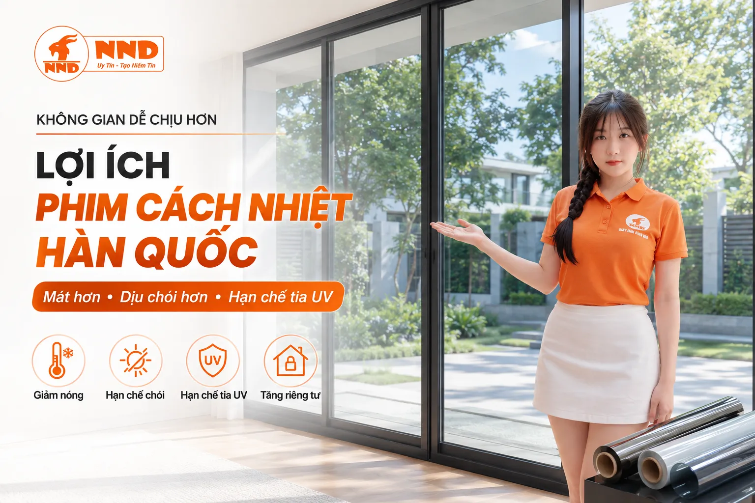 Banner lợi ích phim cách nhiệt Hàn Quốc gồm giảm nóng, giảm chói, hạn chế tia UV và tăng riêng tư.