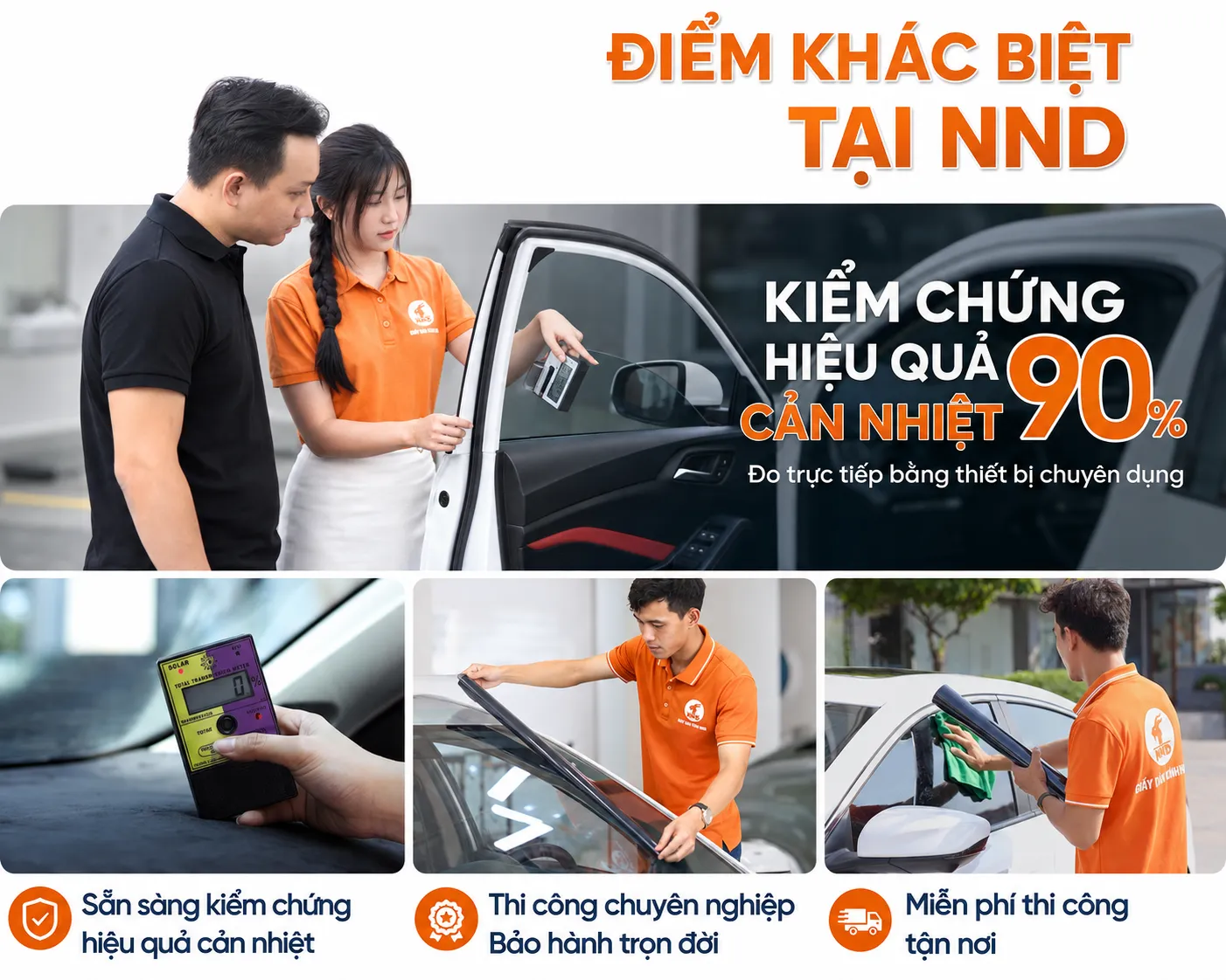 Banner điểm khác biệt tại NND với dịch vụ kiểm chứng hiệu quả cản nhiệt, thi công chuyên nghiệp và hỗ trợ tận nơi.