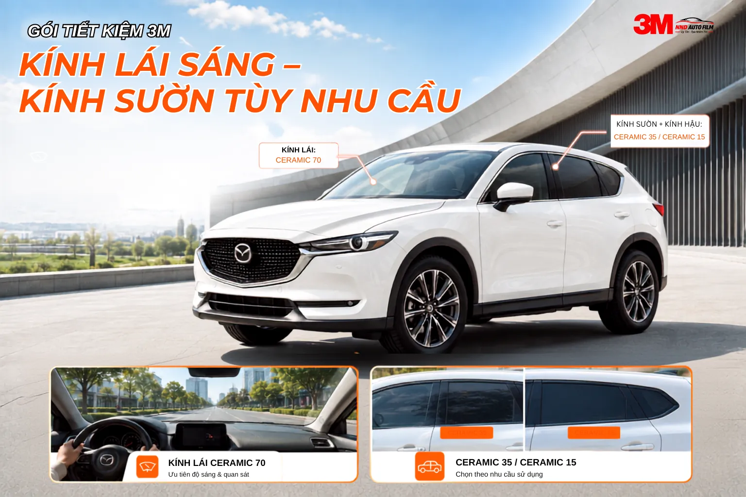 Gói tiết kiệm 3M sử dụng Ceramic 70 cho kính lái và Ceramic 35 hoặc Ceramic 15 cho kính sườn và kính hậu