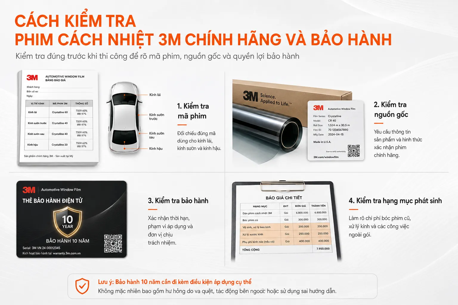 Hướng dẫn kiểm tra phim cách nhiệt 3M chính hãng qua mã phim, nguồn gốc sản phẩm, thông tin bảo hành và báo giá thi công.