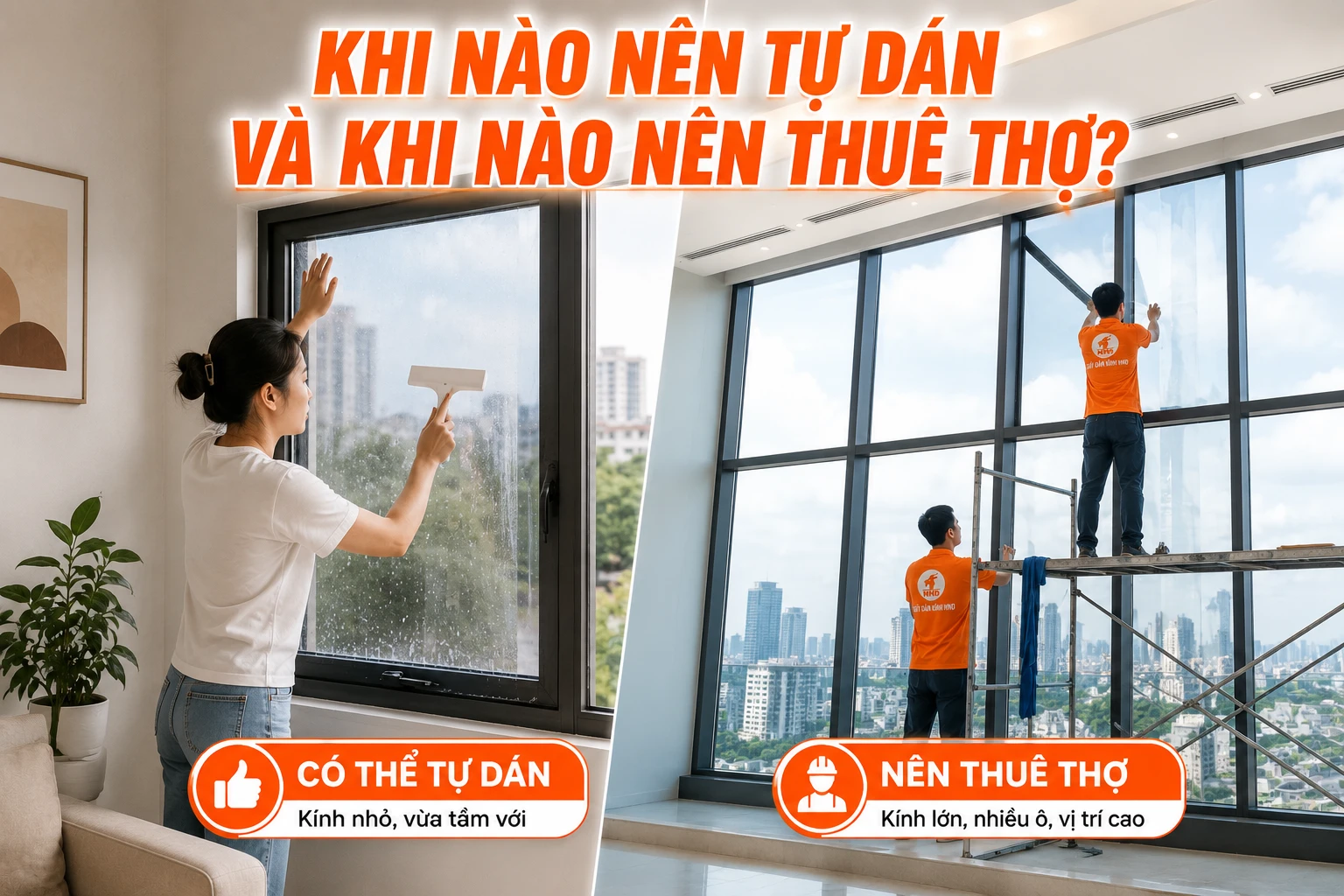 So sánh tự dán phim cách nhiệt cho kính nhỏ và thuê thợ thi công kính lớn