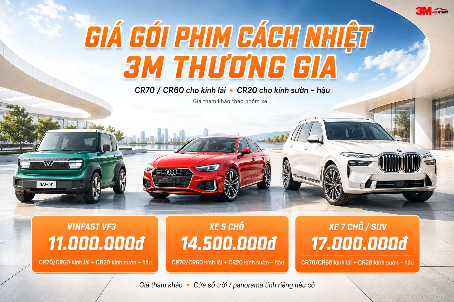 Bảng giá Gói phim cách nhiệt 3M Thương Gia cho VinFast VF3, xe 5 chỗ và xe 7 chỗ SUV
