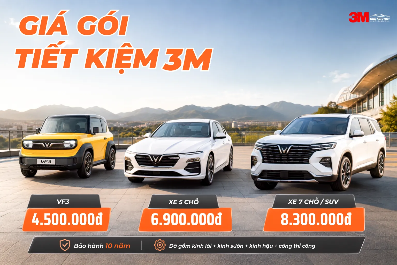 Giá gói tiết kiệm phim cách nhiệt 3M cho VF3, xe 5 chỗ và xe 7 chỗ SUV kèm bảo hành 10 năm