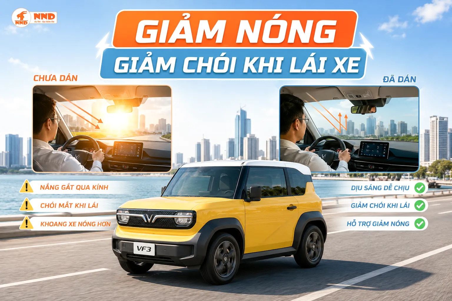 Phim cách nhiệt xe VF3 hỗ trợ giảm nóng và giảm chói khi lái xe qua kính lái dưới trời nắng