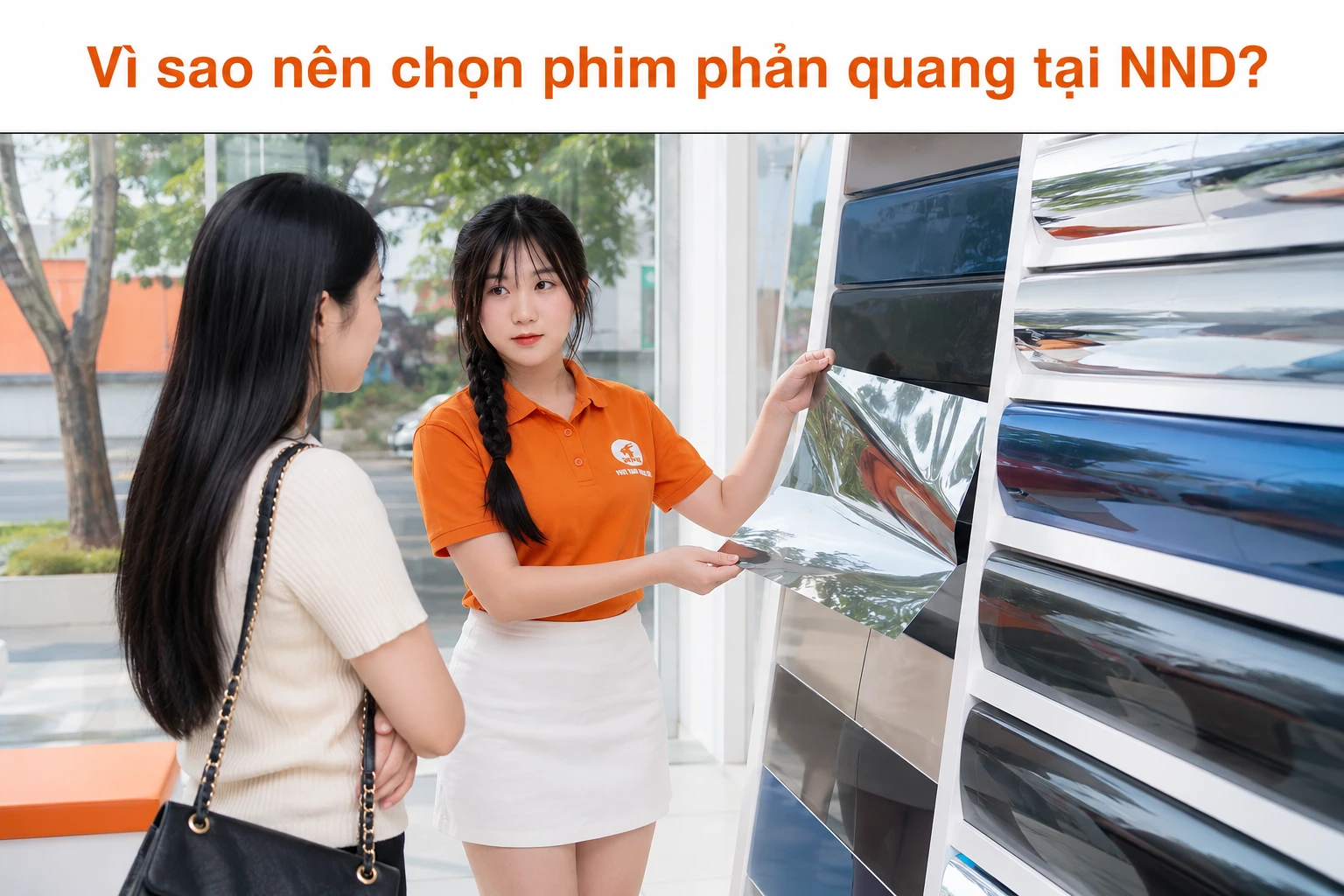 Nhân viên NND tư vấn mẫu phim cách nhiệt phản quang cho khách hàng