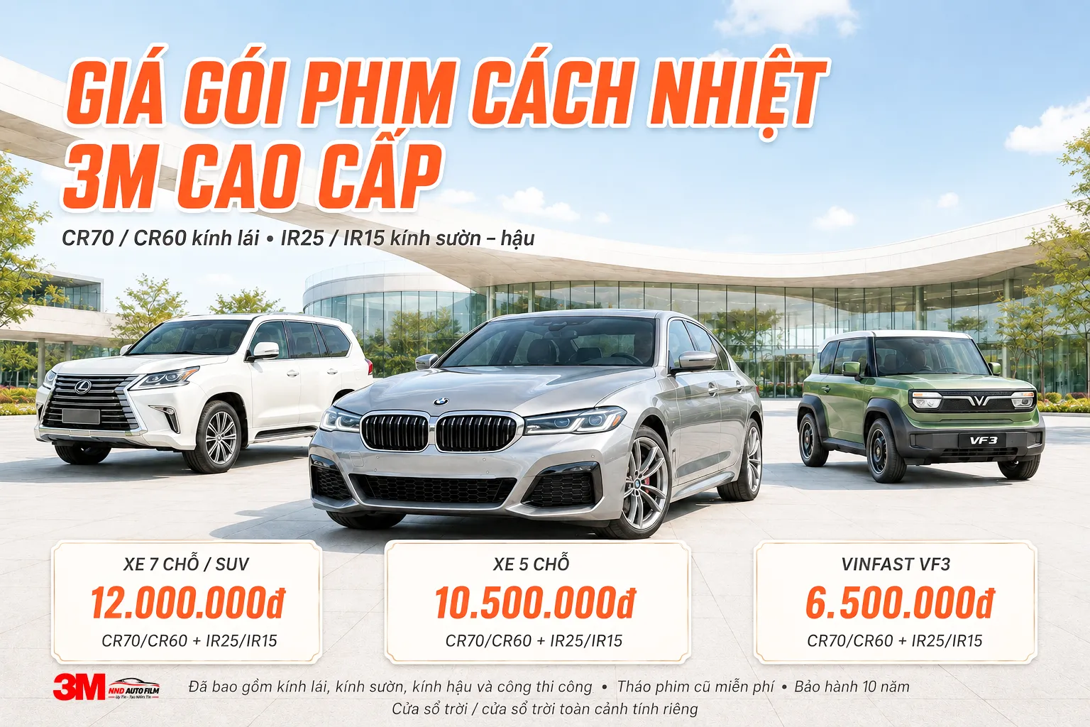 Bảng giá Gói phim cách nhiệt 3M Cao Cấp cho VF3, xe 5 chỗ và xe 7 chỗ SUV