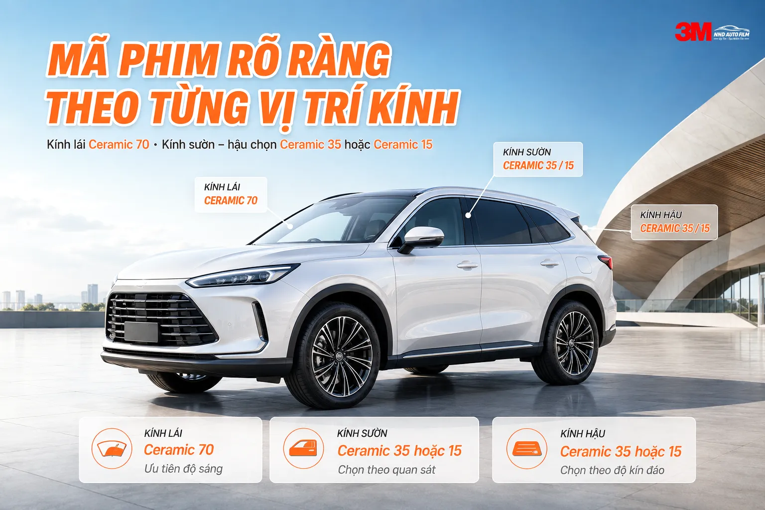 Mã phim cách nhiệt 3M theo từng vị trí kính với Ceramic 70 cho kính lái và Ceramic 35 hoặc 15 cho kính sườn kính hậu