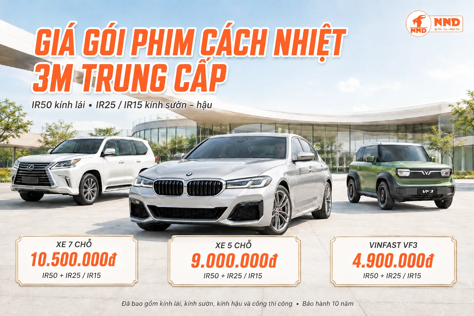 Bảng giá Gói phim cách nhiệt 3M Trung Cấp cho VF3, xe 5 chỗ và xe 7 chỗ