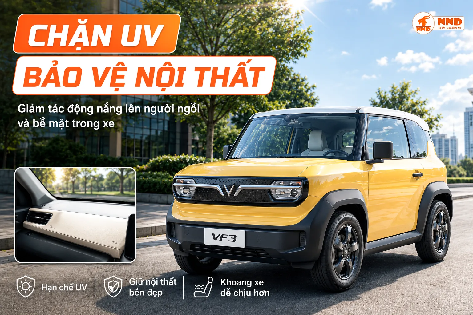 Phim cách nhiệt xe VF3 hỗ trợ hạn chế tia UV và giảm tác động của ánh nắng lên người ngồi và nội thất xe