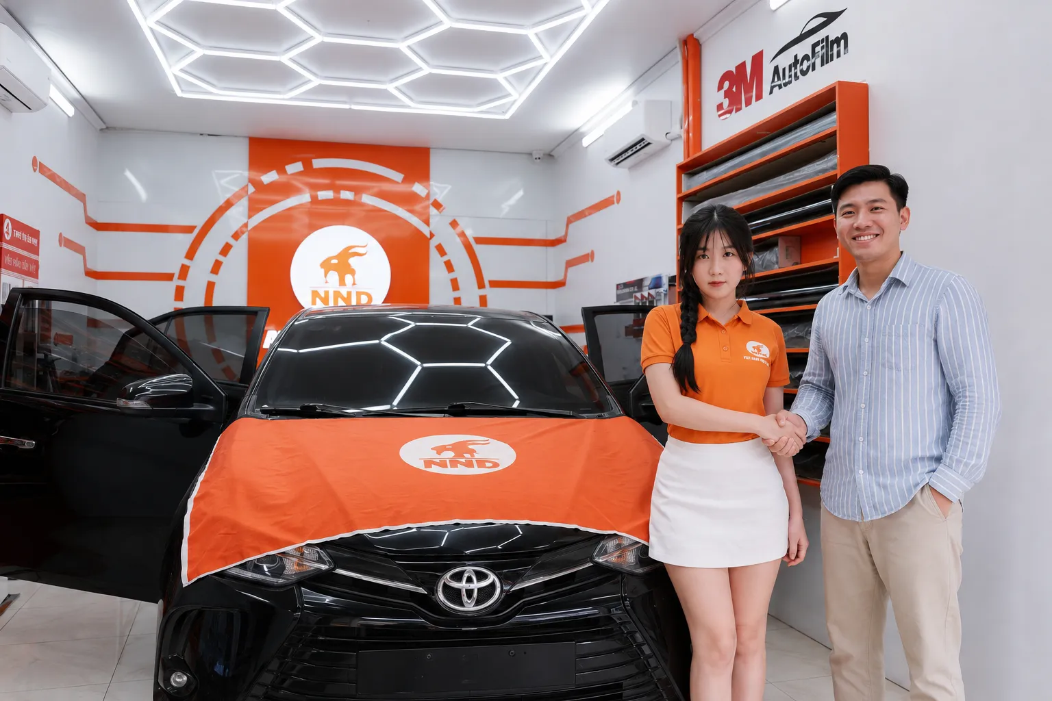 Kỹ thuật viên NND đang kiểm tra kính hậu ô tô sau khi hoàn thiện phim cách nhiệt.