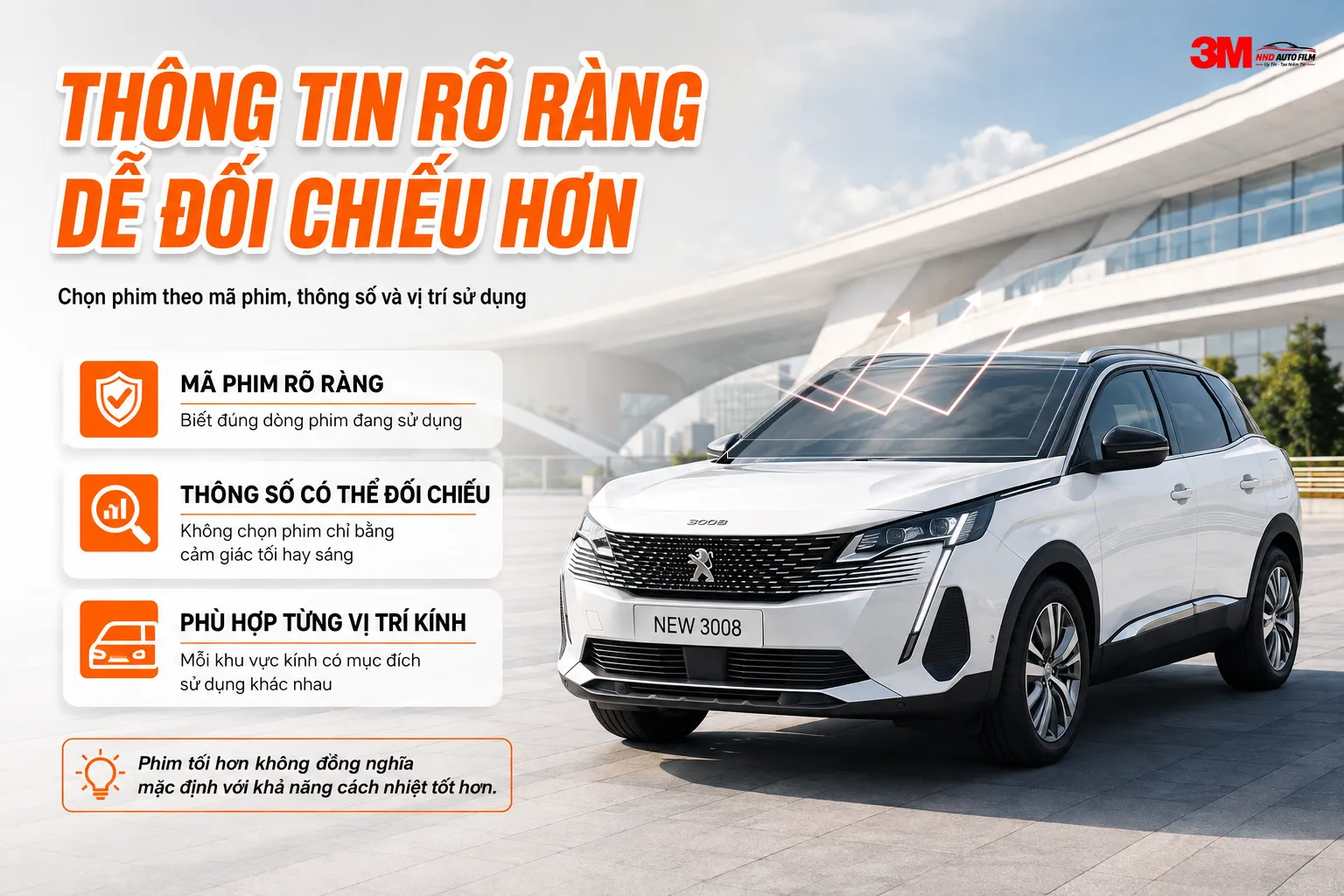 Thông tin phim cách nhiệt 3M rõ ràng theo mã phim, thông số và vị trí kính giúp khách hàng dễ đối chiếu khi lựa chọn