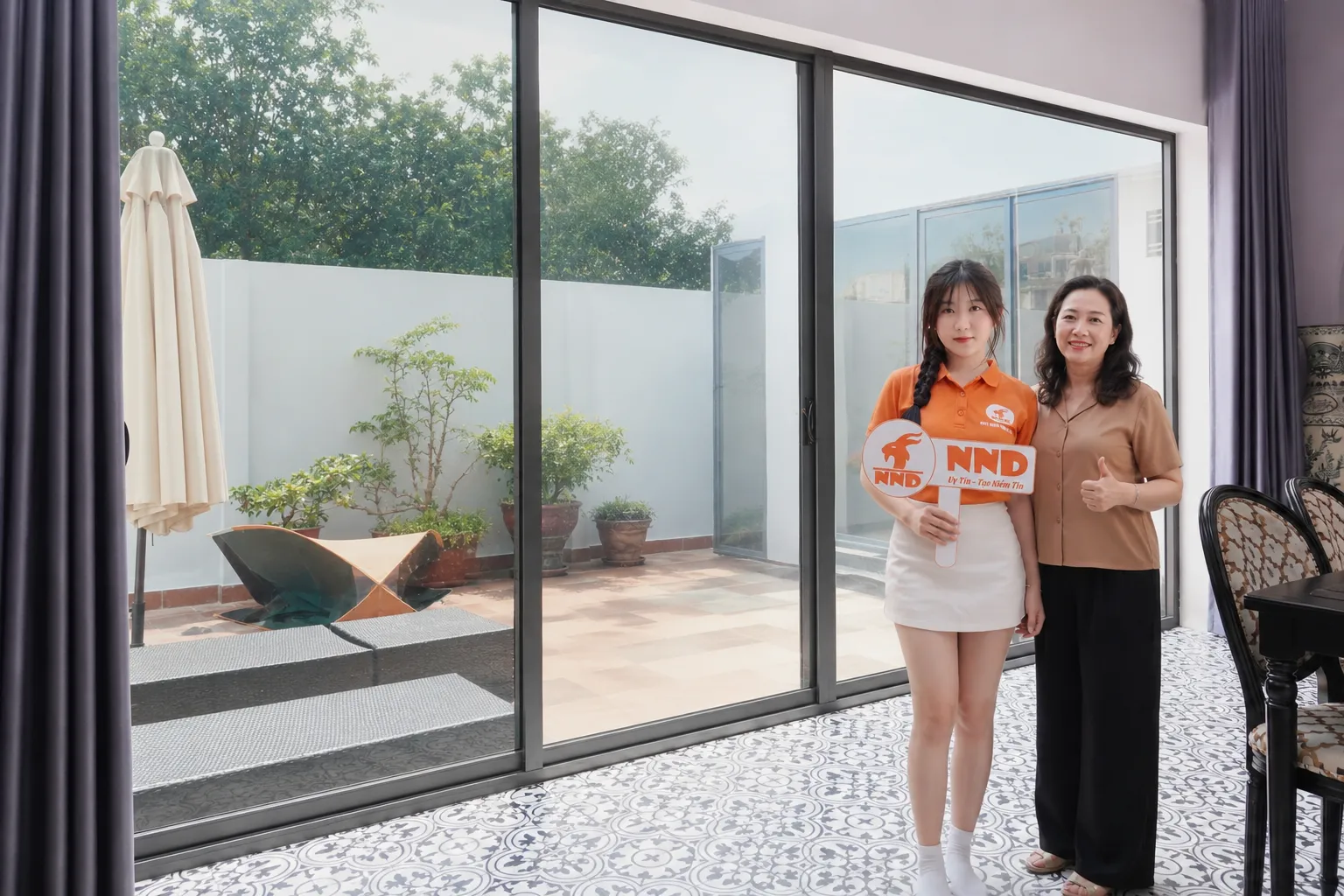 Khách hàng và nhân viên NND chụp ảnh sau khi hoàn thiện dán phim cách nhiệt nhà kính.