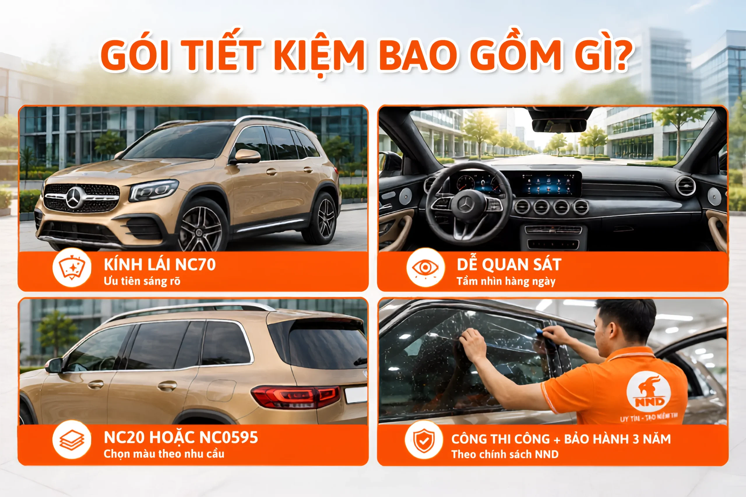 Gói Tiết Kiệm NND gồm NC70 kính lái, NC20 hoặc NC0595 kính sườn hậu, công thi công và bảo hành 3 năm