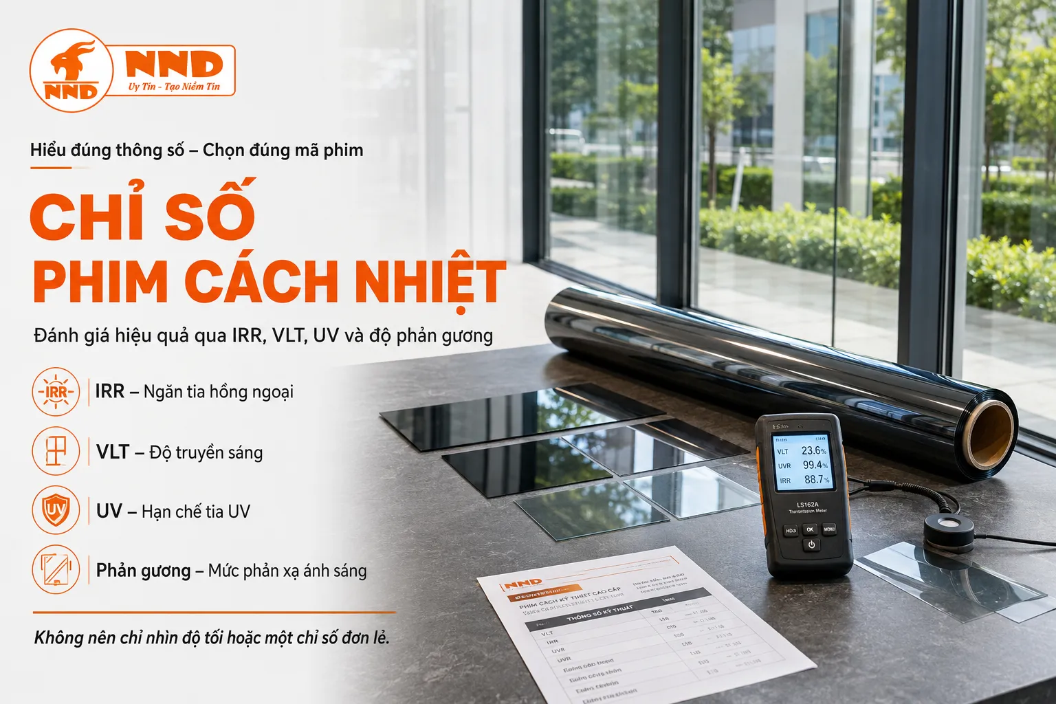Các chỉ số phim cách nhiệt gồm IRR, VLT, UV và độ phản gương dùng để đánh giá mã phim.