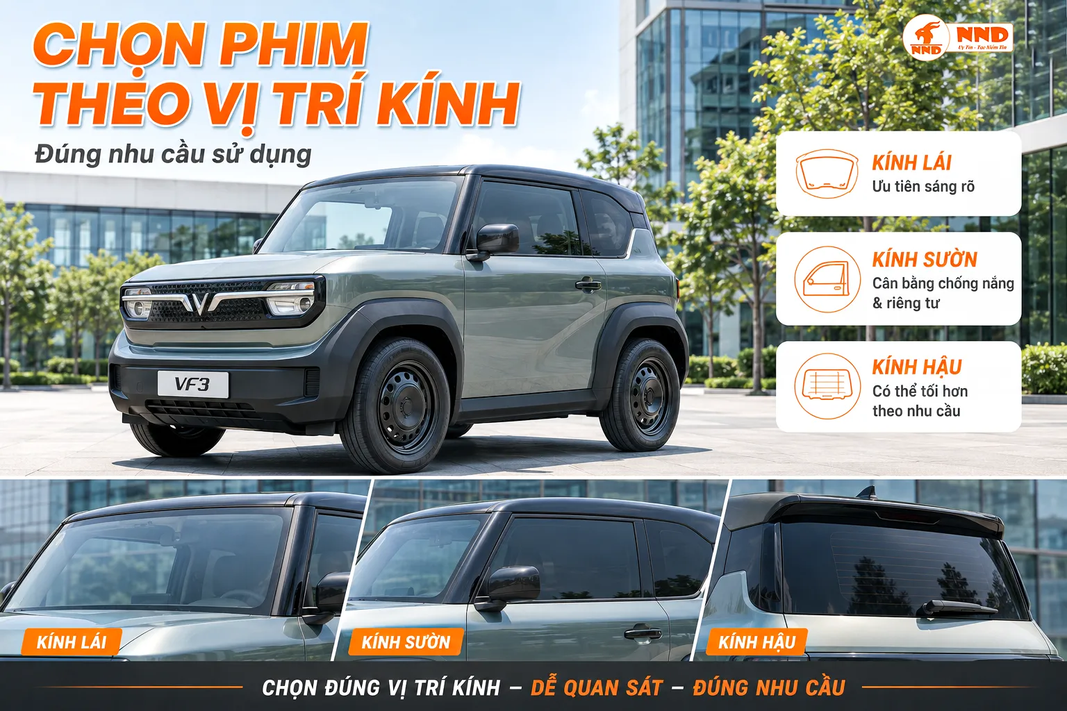 Cách chọn phim cách nhiệt xe VF3 theo từng vị trí kính lái, kính sườn và kính hậu phù hợp nhu cầu sử dụng