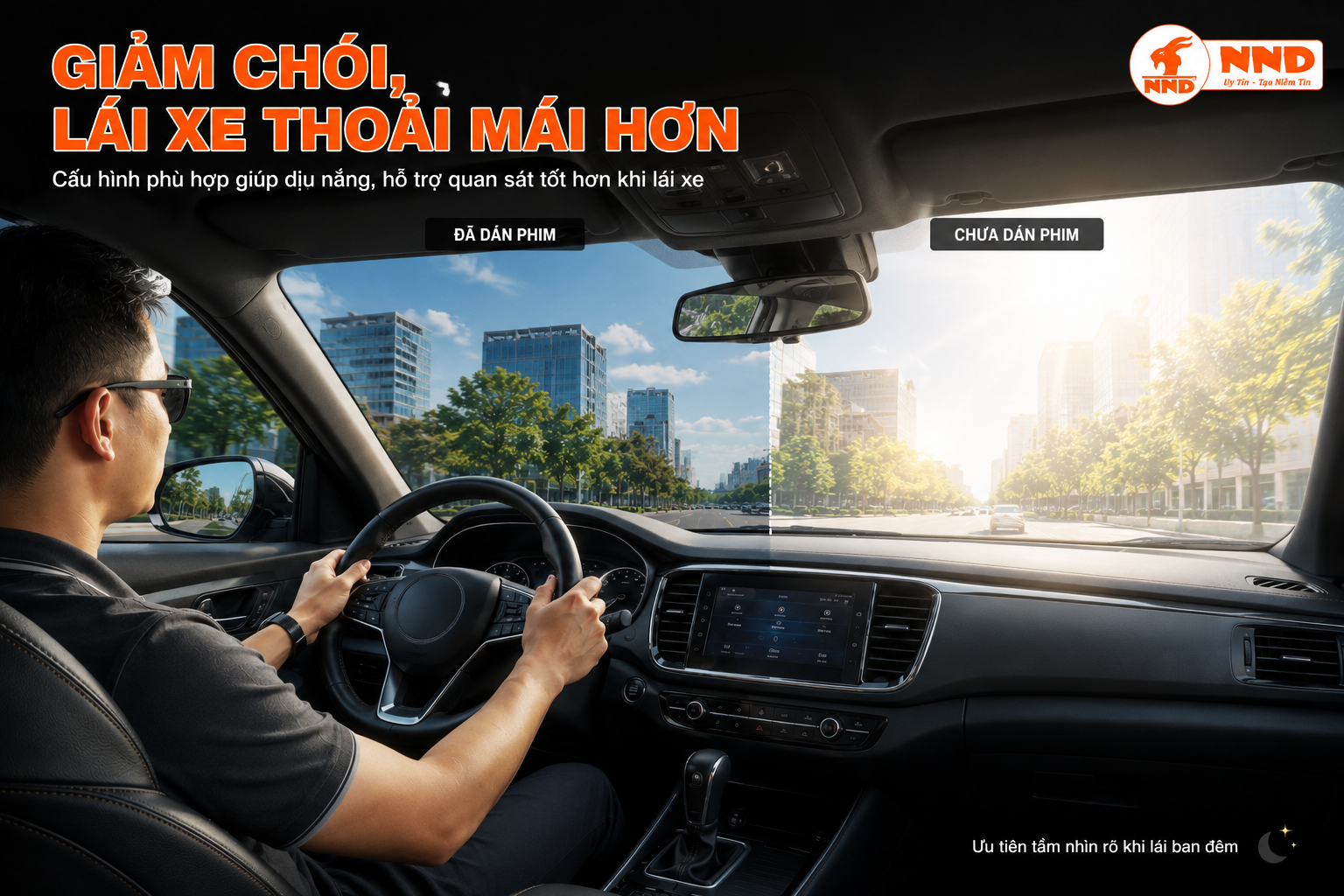 So sánh kính lái đã dán và chưa dán phim cách nhiệt cho thấy khả năng hỗ trợ giảm chói khi lái xe
