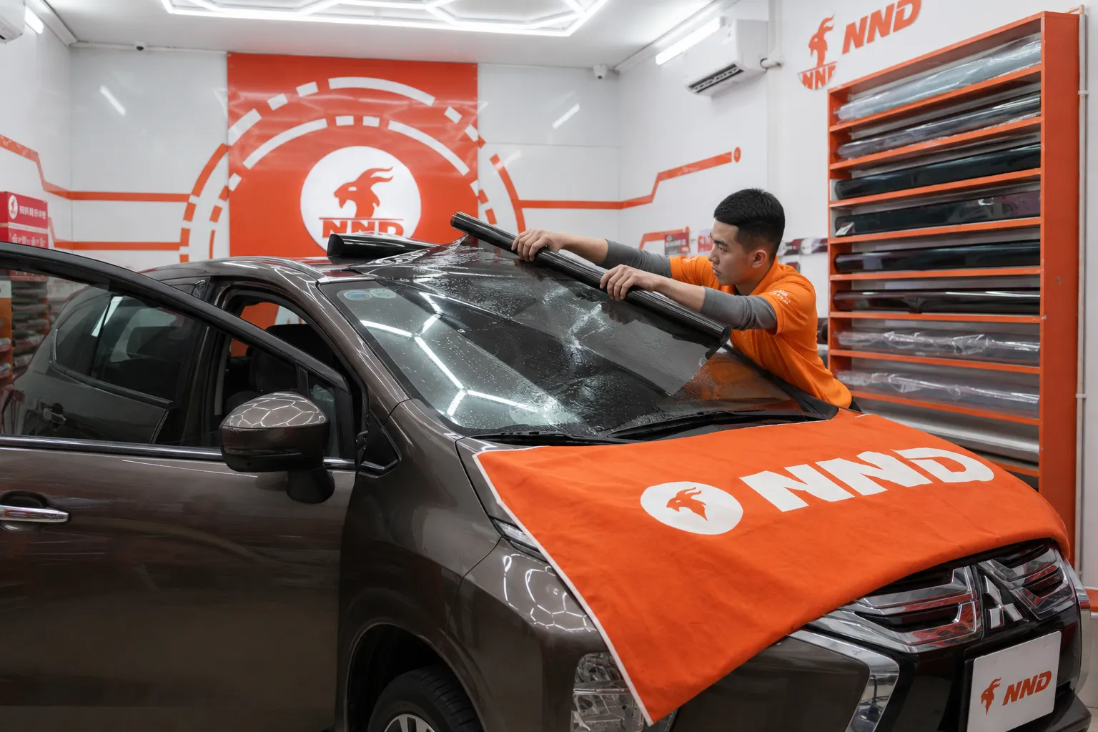 Kỹ thuật viên NND hoàn thiện phim cách nhiệt trên hai kính cửa bên ô tô.