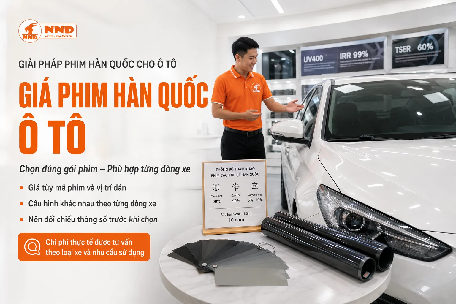 Banner giá phim cách nhiệt Hàn Quốc cho ô tô, tư vấn theo dòng xe, mã phim và vị trí kính.