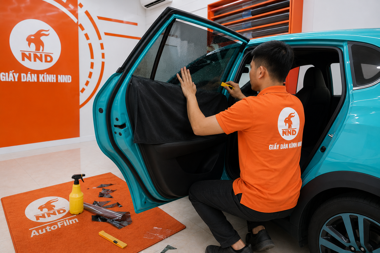 Kỹ thuật viên NND căn chỉnh và cắt mép phim cách nhiệt trên kính sườn ô tô trong quá trình thi công