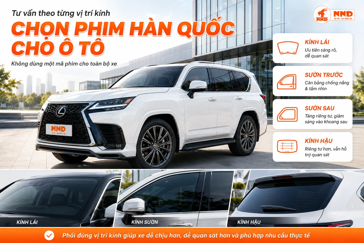 Hướng dẫn chọn phim cách nhiệt Hàn Quốc cho ô tô theo kính lái, kính sườn và kính hậu.