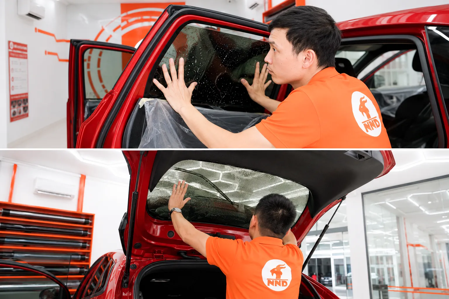 Kỹ thuật viên NND thi công phim cách nhiệt Gói Tiết Kiệm cho kính sườn và kính hậu ô tô