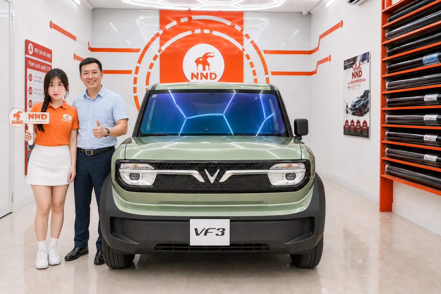 Phim cách nhiệt xe VF3 hoàn thiện tại NND với kính lái và kính sườn được dán phim, khách hàng nhận bàn giao xe