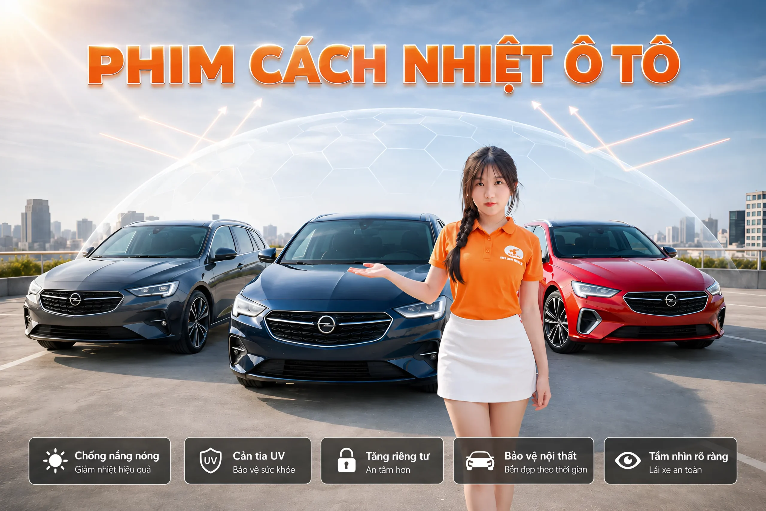 Banner phim cách nhiệt ô tô NND với ba mẫu xe, nhân viên nữ áo cam và các lợi ích chống nóng, cản UV, tăng riêng tư.