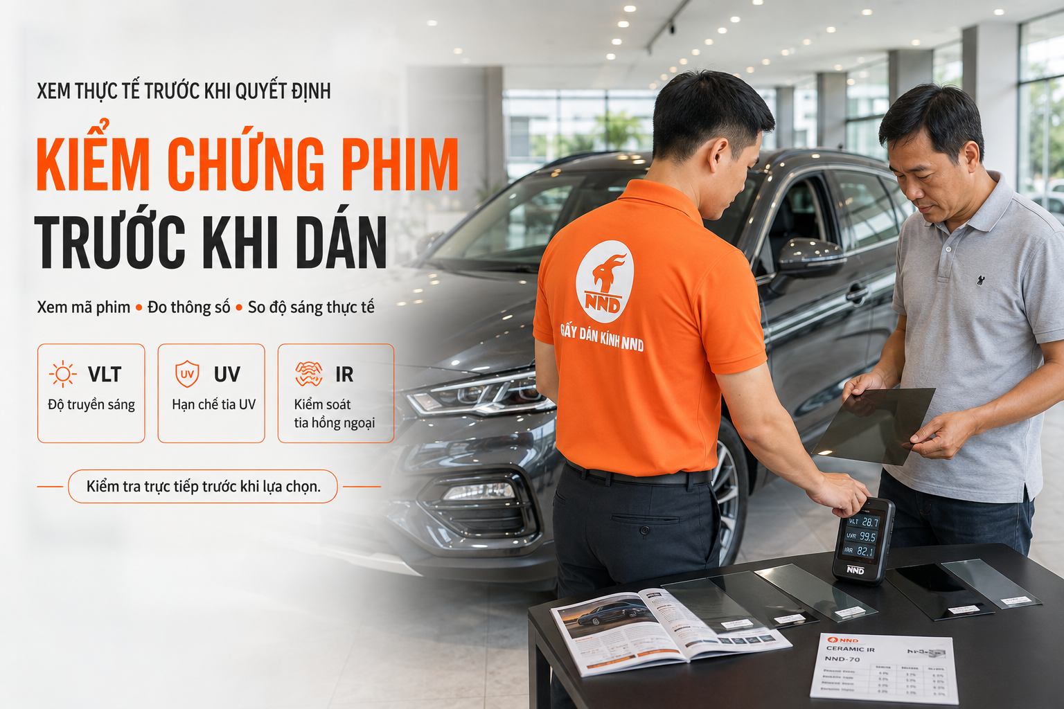 Khách hàng kiểm chứng mẫu phim cách nhiệt ô tô tại NND qua độ truyền sáng, tia UV và khả năng kiểm soát hồng ngoại trước khi dán