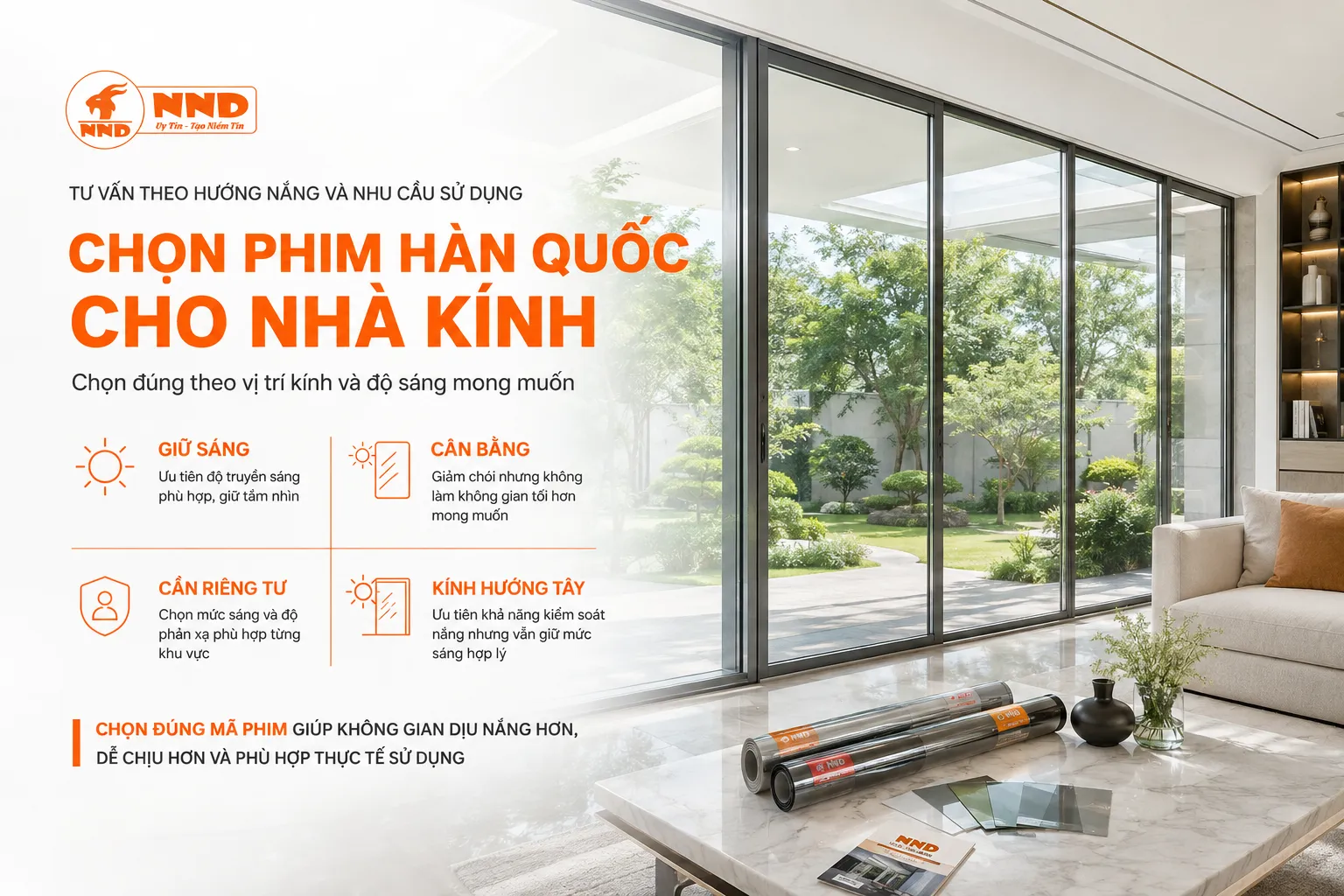 Hướng dẫn chọn phim cách nhiệt Hàn Quốc cho nhà kính theo hướng nắng, độ sáng và nhu cầu riêng tư.