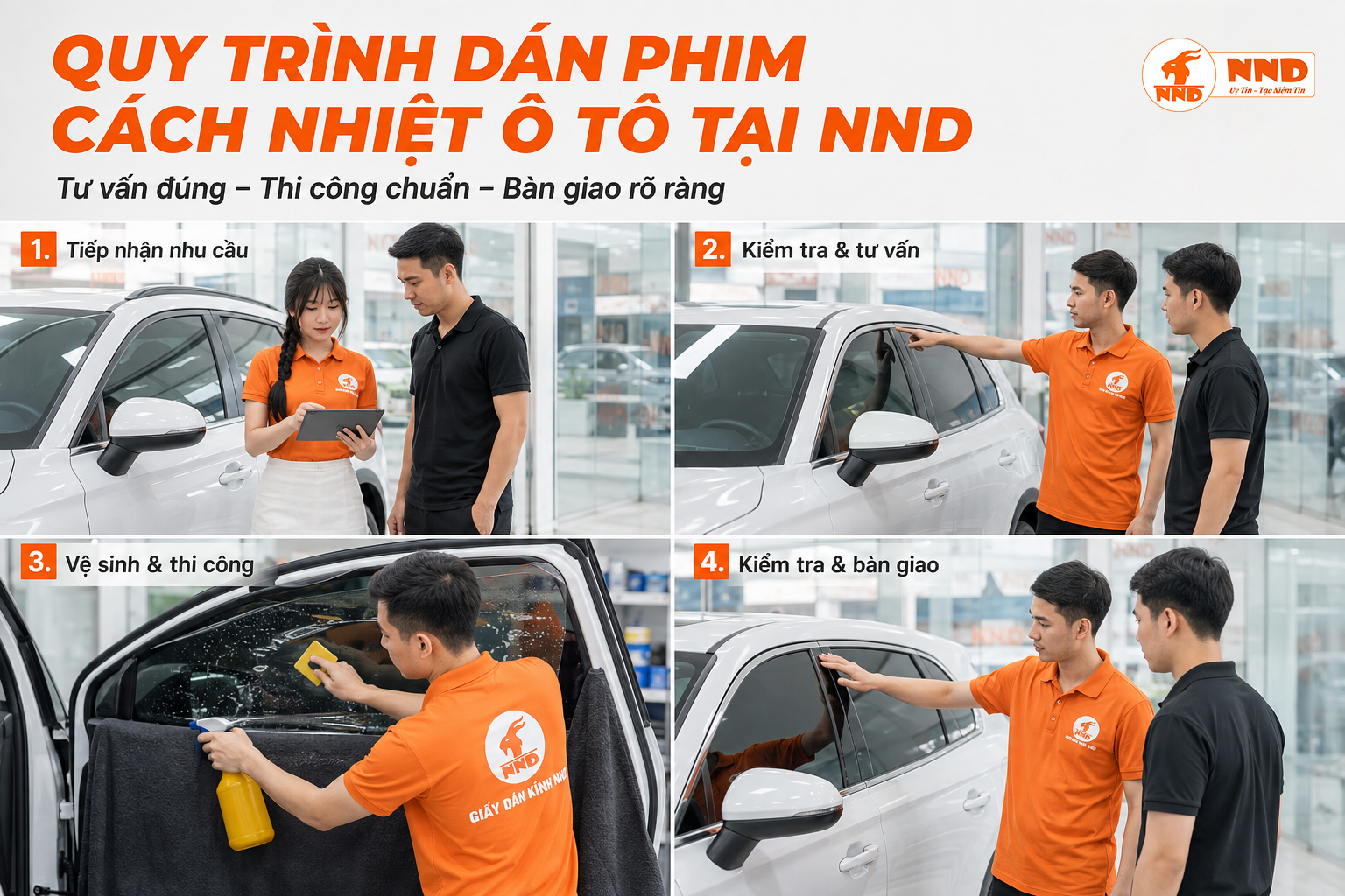 Quy trình dán phim cách nhiệt ô tô tại NND gồm tiếp nhận nhu cầu, kiểm tra tư vấn, thi công và bàn giao