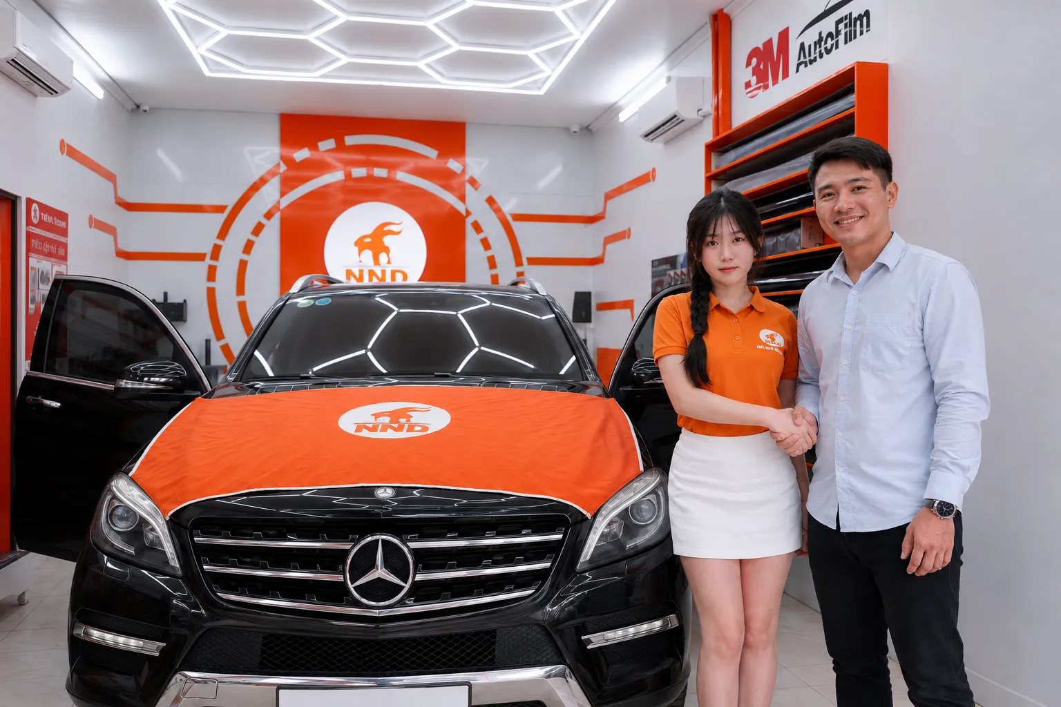 Nhân viên NND bàn giao xe Mercedes sau khi dán phim cách nhiệt 3M, khách hàng bắt tay xác nhận hoàn thiện tại showroom.