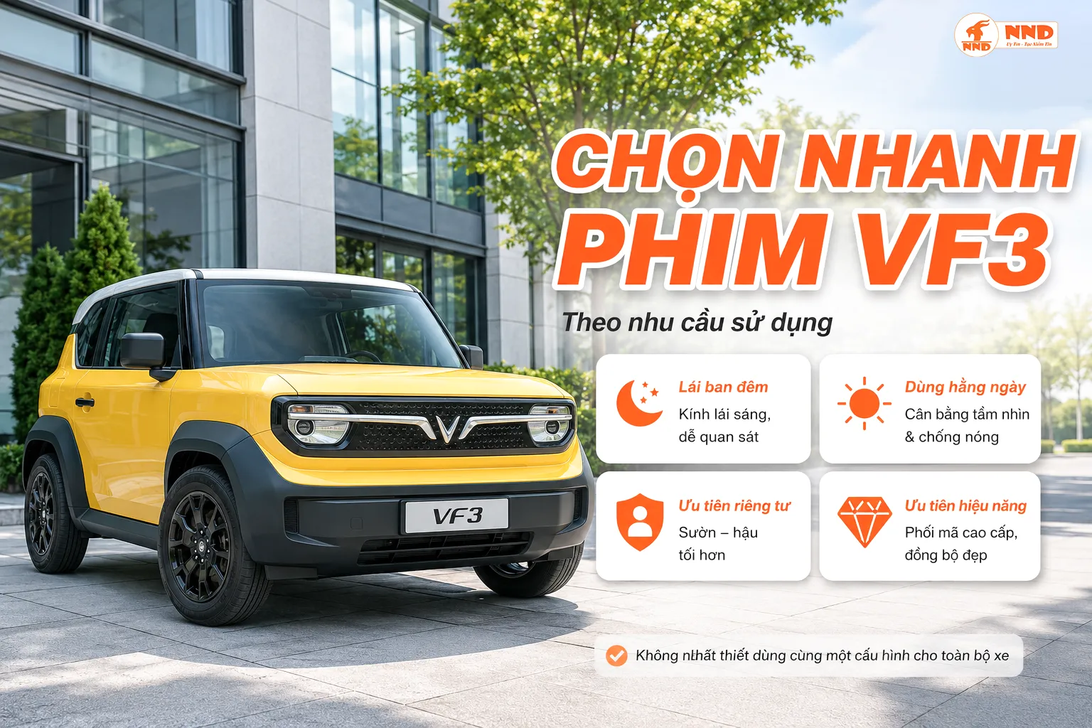 Cách chọn phim cách nhiệt xe VF3 theo nhu cầu lái ban đêm, chống nóng, tăng riêng tư và ưu tiên hiệu năng