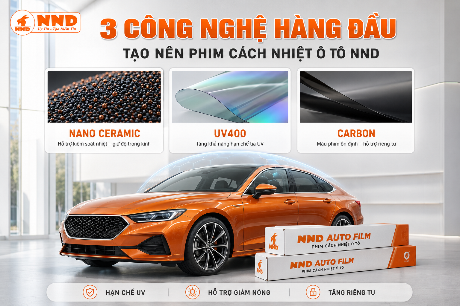 Ba công nghệ Nano Ceramic, UV400 và Carbon tạo nên phim cách nhiệt ô tô NND, hỗ trợ giảm nóng, hạn chế tia UV và tăng riêng tư