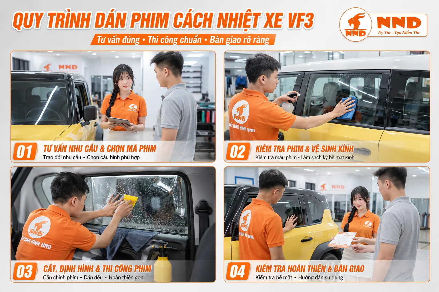 Quy trình dán phim cách nhiệt xe VF3 tại NND gồm tư vấn chọn mã, vệ sinh kính, thi công và bàn giao